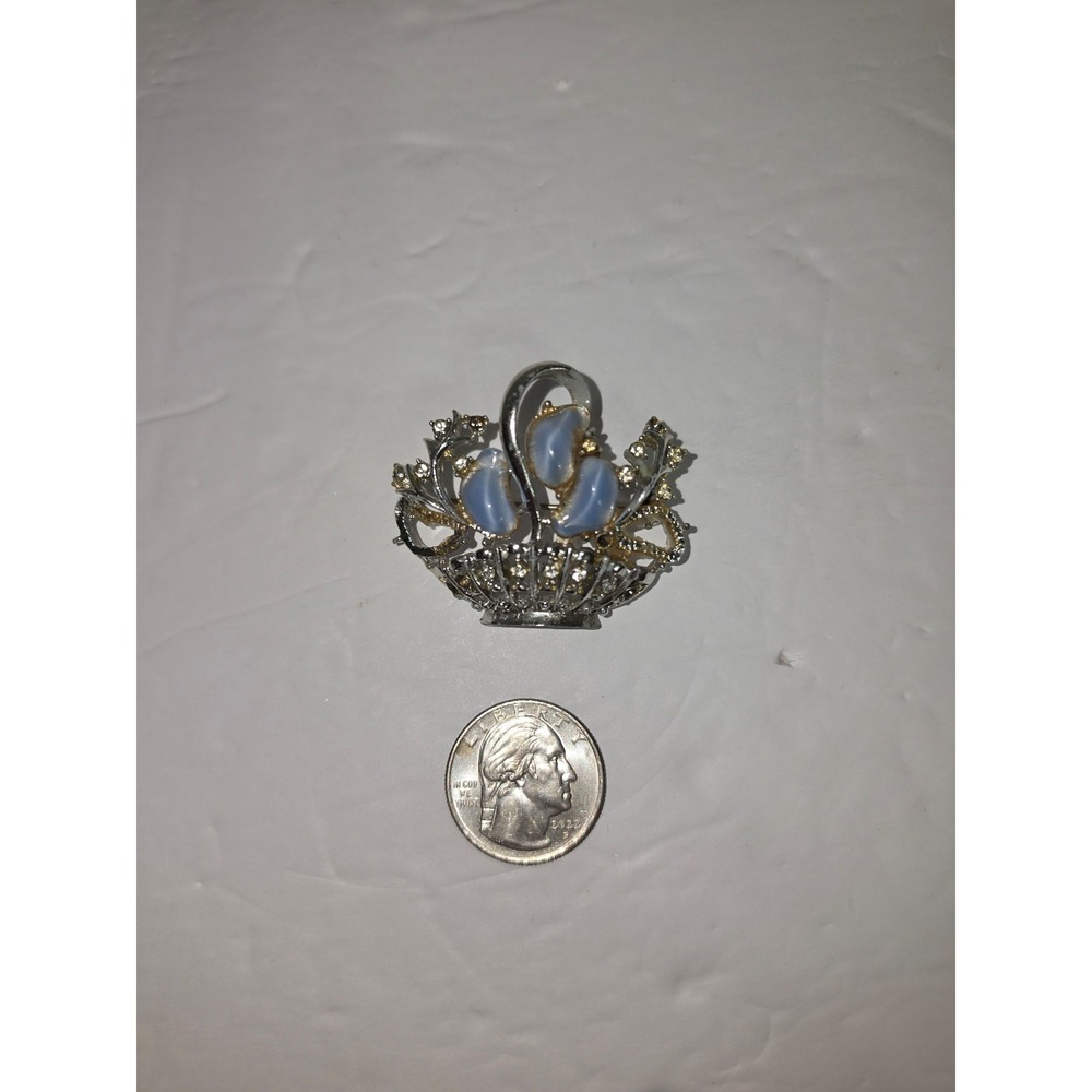 1954 signed CORO brooch silver-tone fruit basket design with blue lucite stones‎
